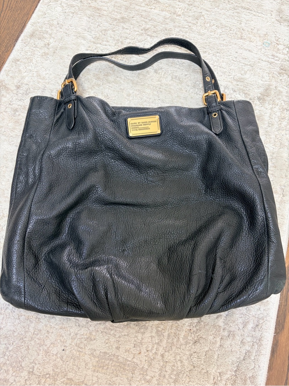 Marc by Marc Jacobs Black Leather Tote with Gold Plaque and Buckles